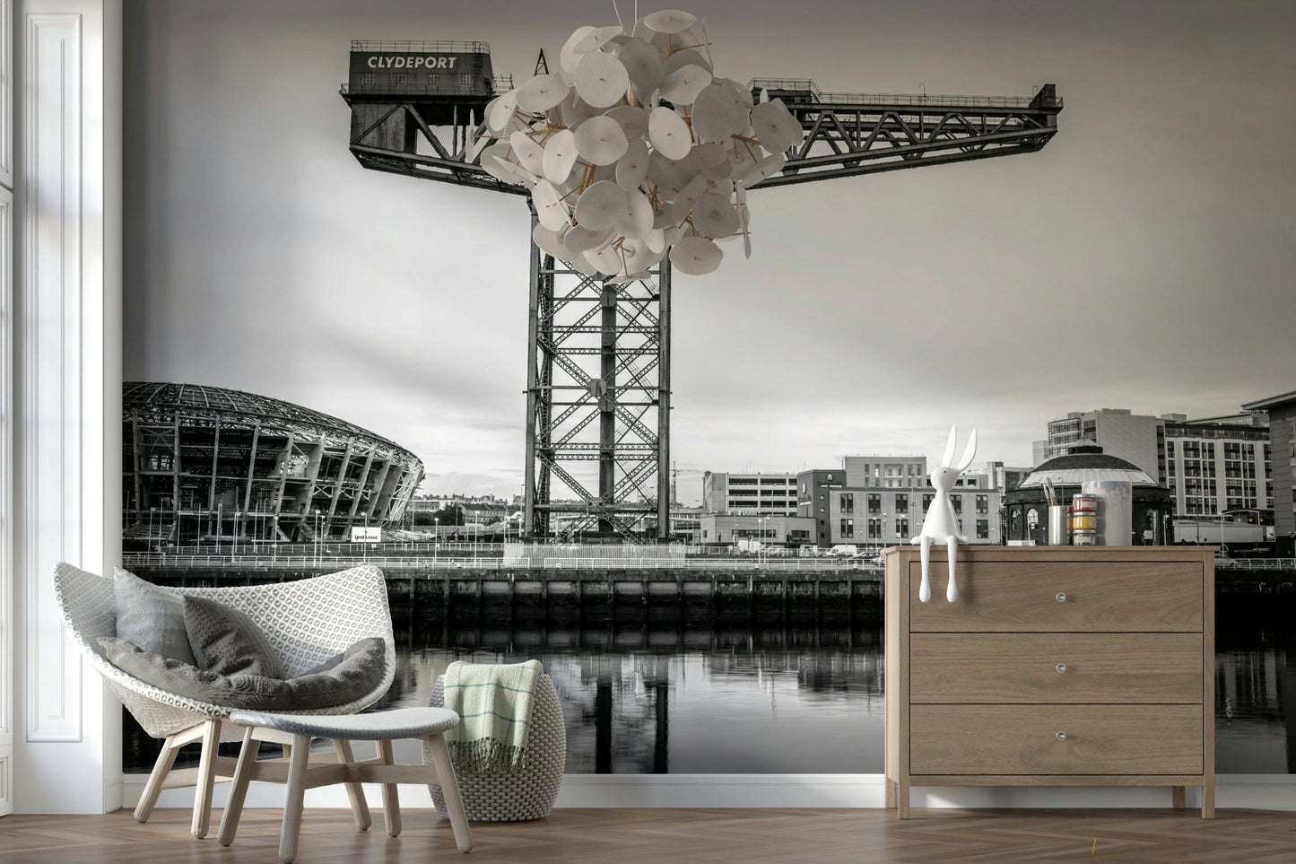 Urban city wall décor for a bright dining space in a contemporary flat.