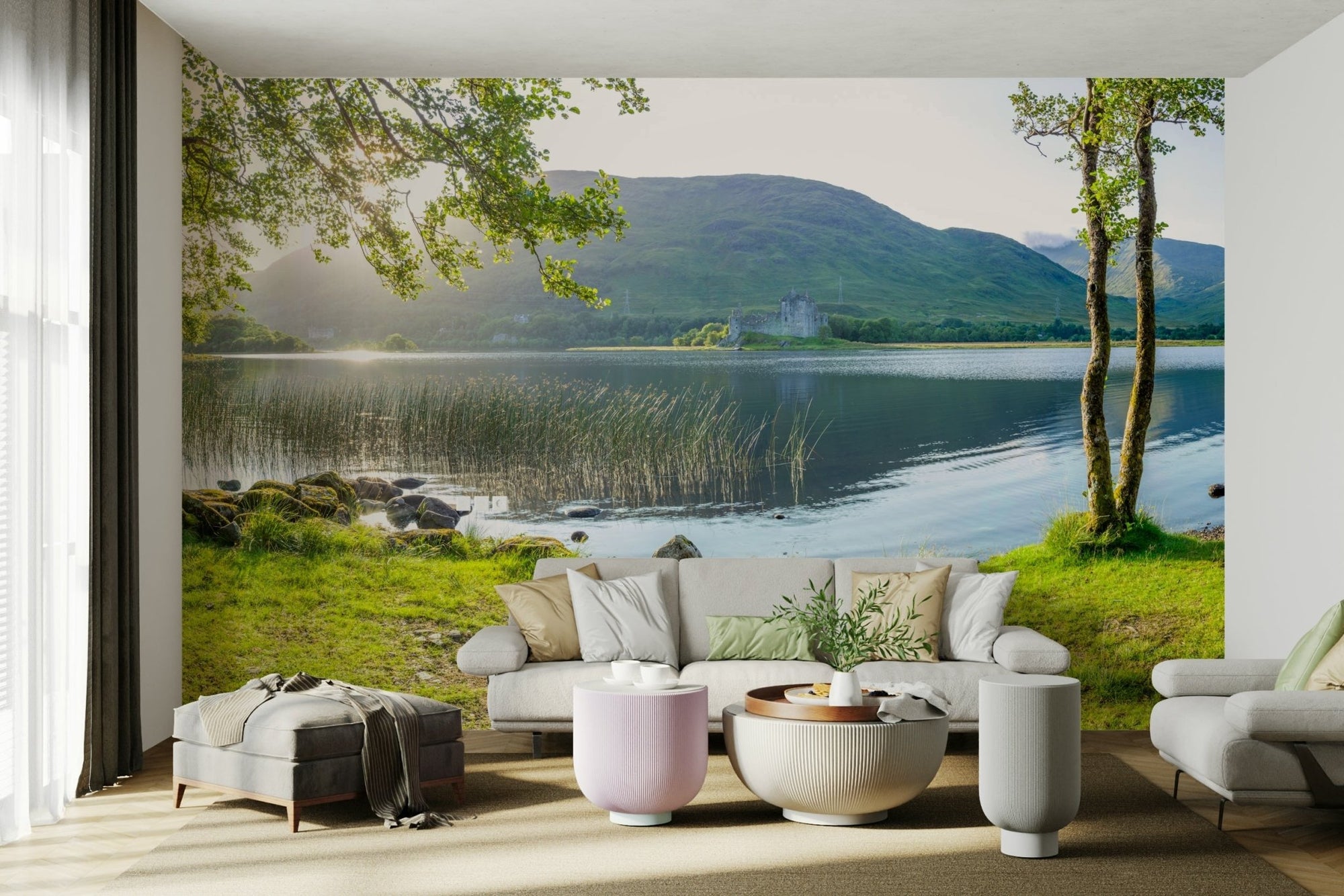 Glen Echoes wall mural showing a calm lake ringed by green hills and trees GD5007
