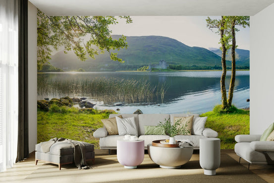 Glen Echoes wall mural showing a calm lake ringed by green hills and trees GD5007
