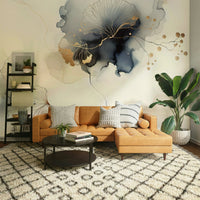 Elegant botanical wall mural with gilded gold accents.

