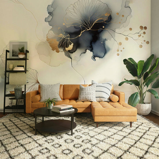 Elegant botanical wall mural with gilded gold accents., GD1602