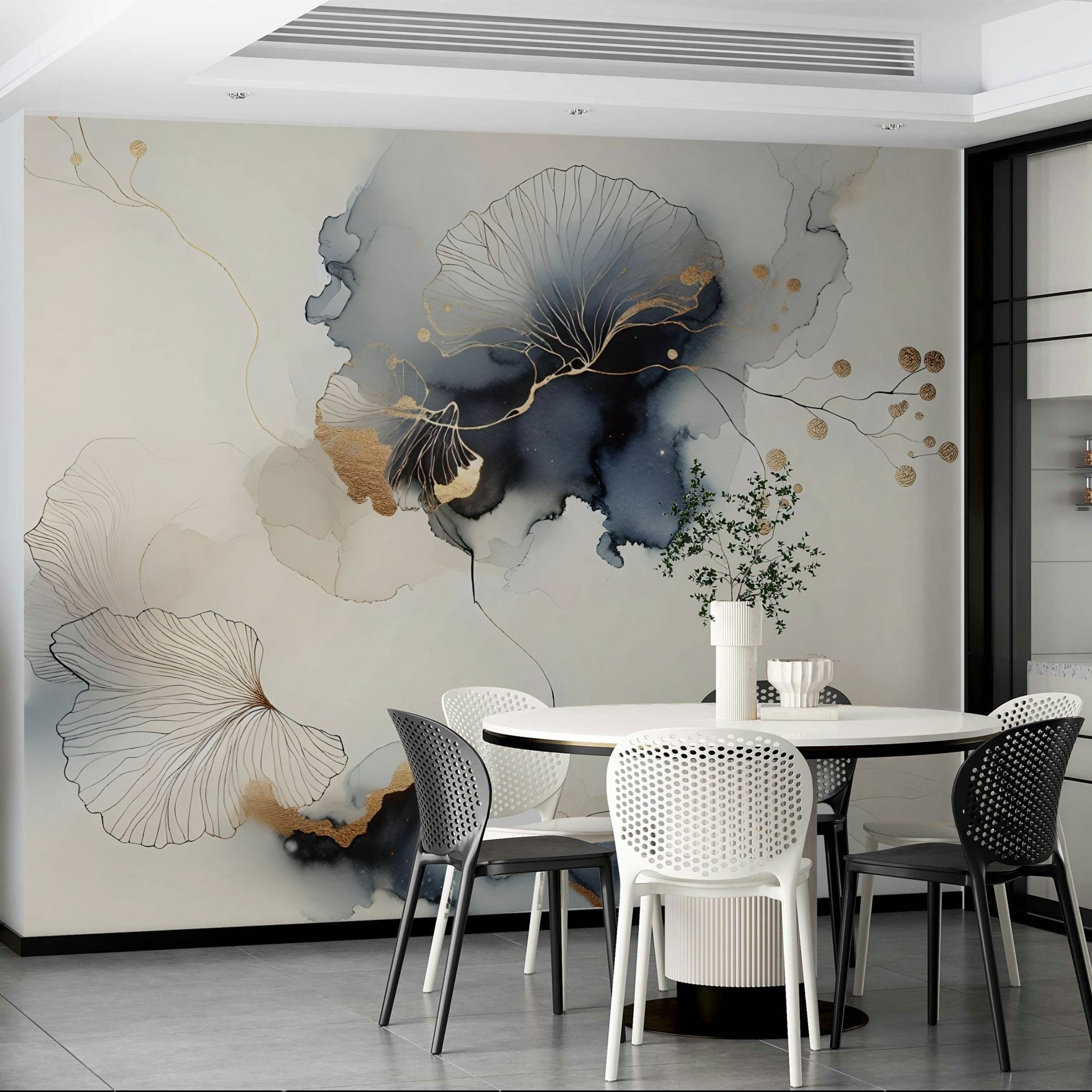 Glided mural with intricate golden plant illustrations.

