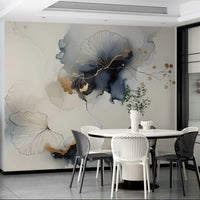Glided mural with intricate golden plant illustrations.

