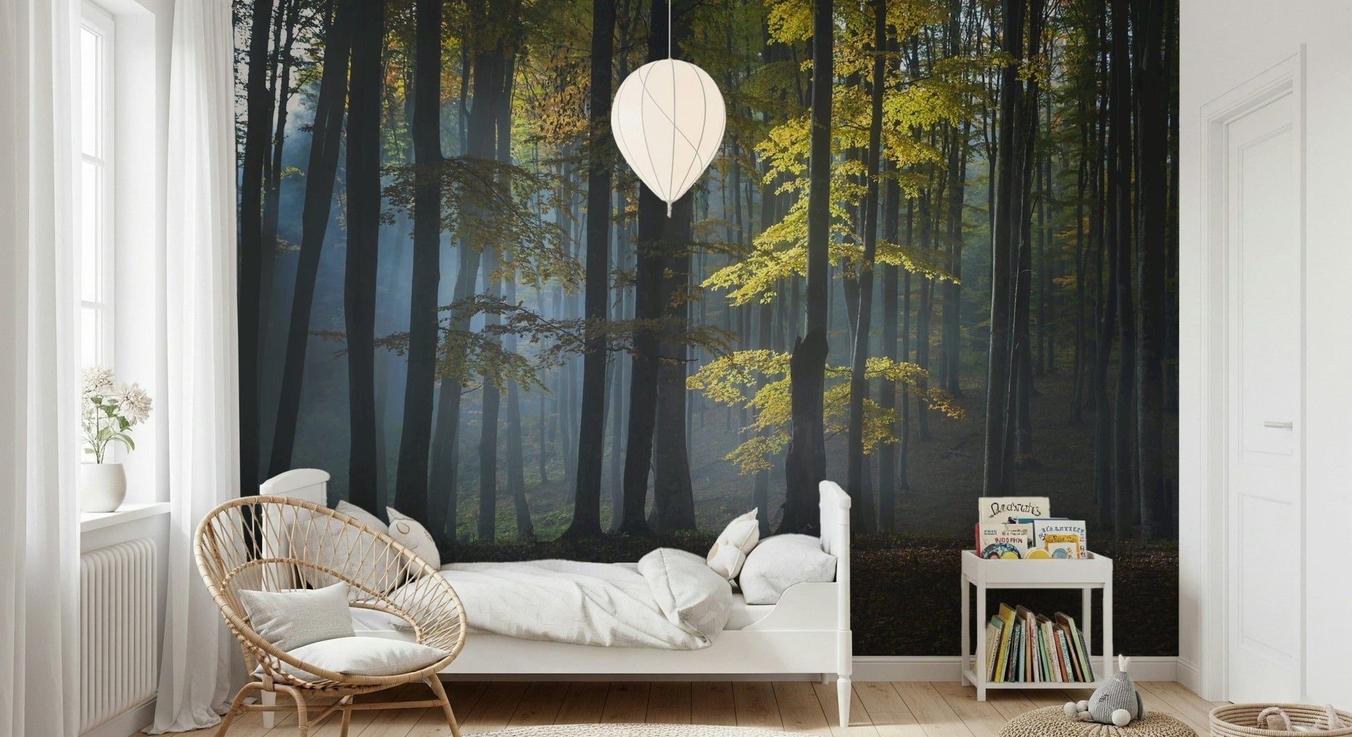 Enchanting Glimmering Forest Woodland wall mural, autumn foliage and shadows.