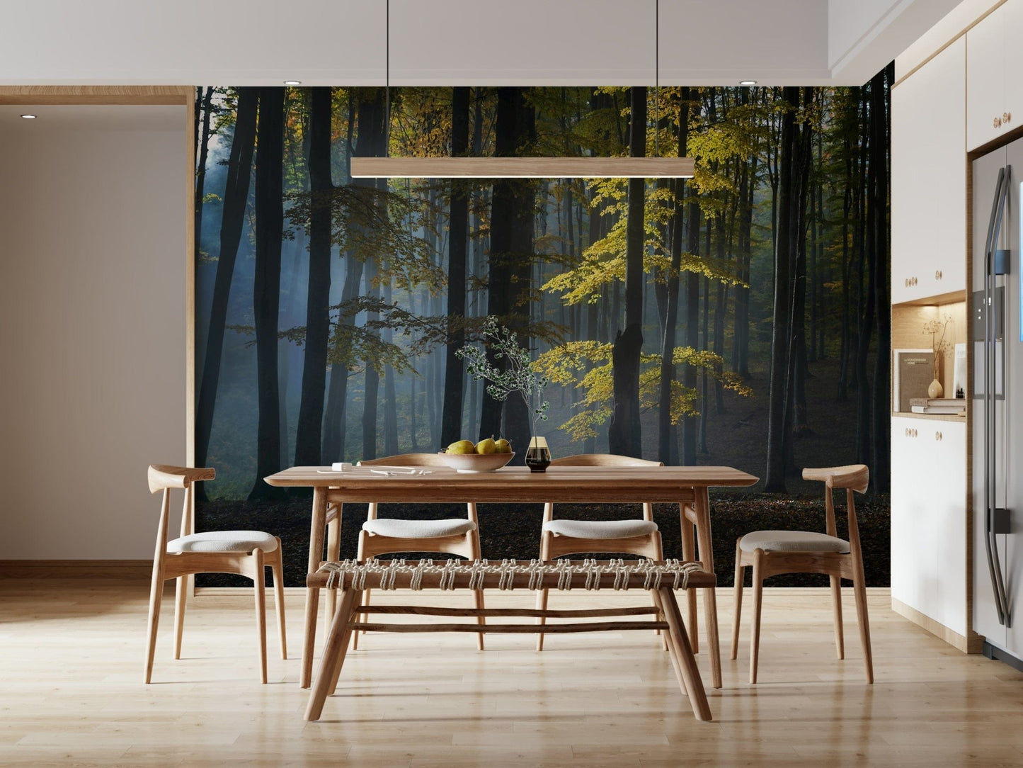 Dense Glimmering Forest Woodland wallpaper, tall trunks and golden canopy.