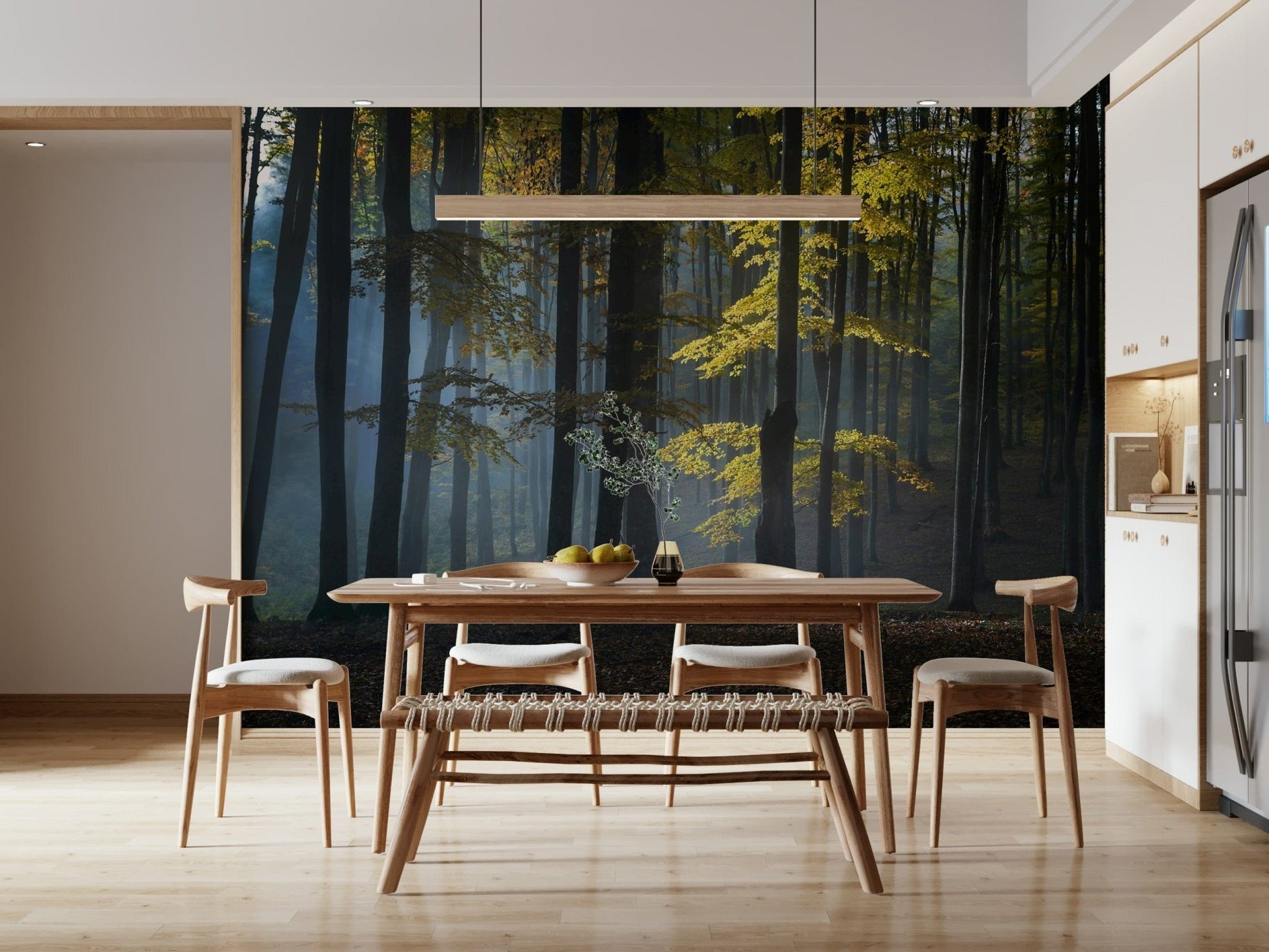 Dense Glimmering Forest Woodland wallpaper, tall trunks and golden canopy.