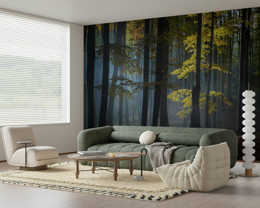 Glimmering Forest Woodland wall mural, sunlit leaves in a misty grove.