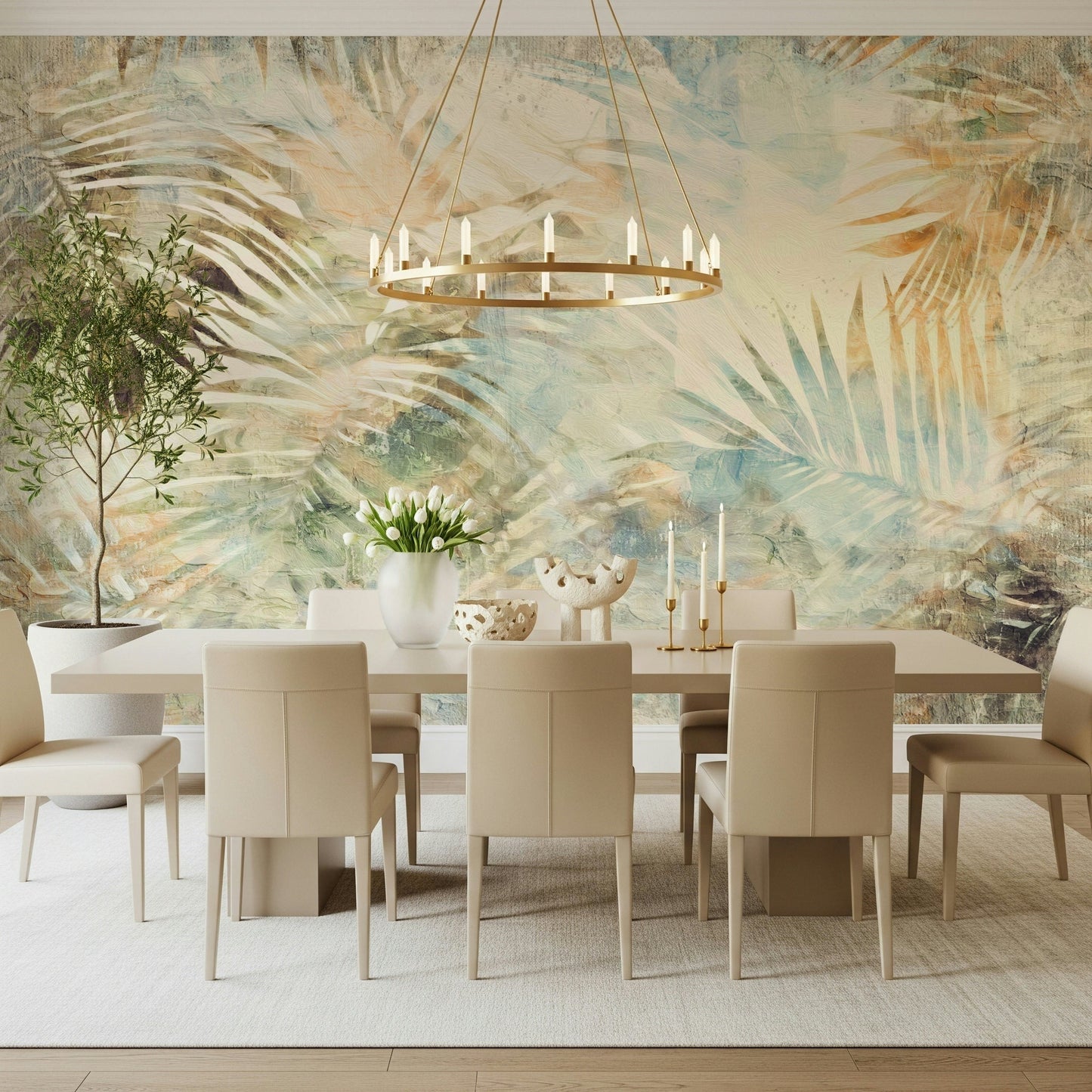 A serene tropical foliage wall mural with subtle glitter effects.