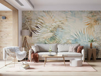 A calming foliage design wallpaper mural that defines a space.
