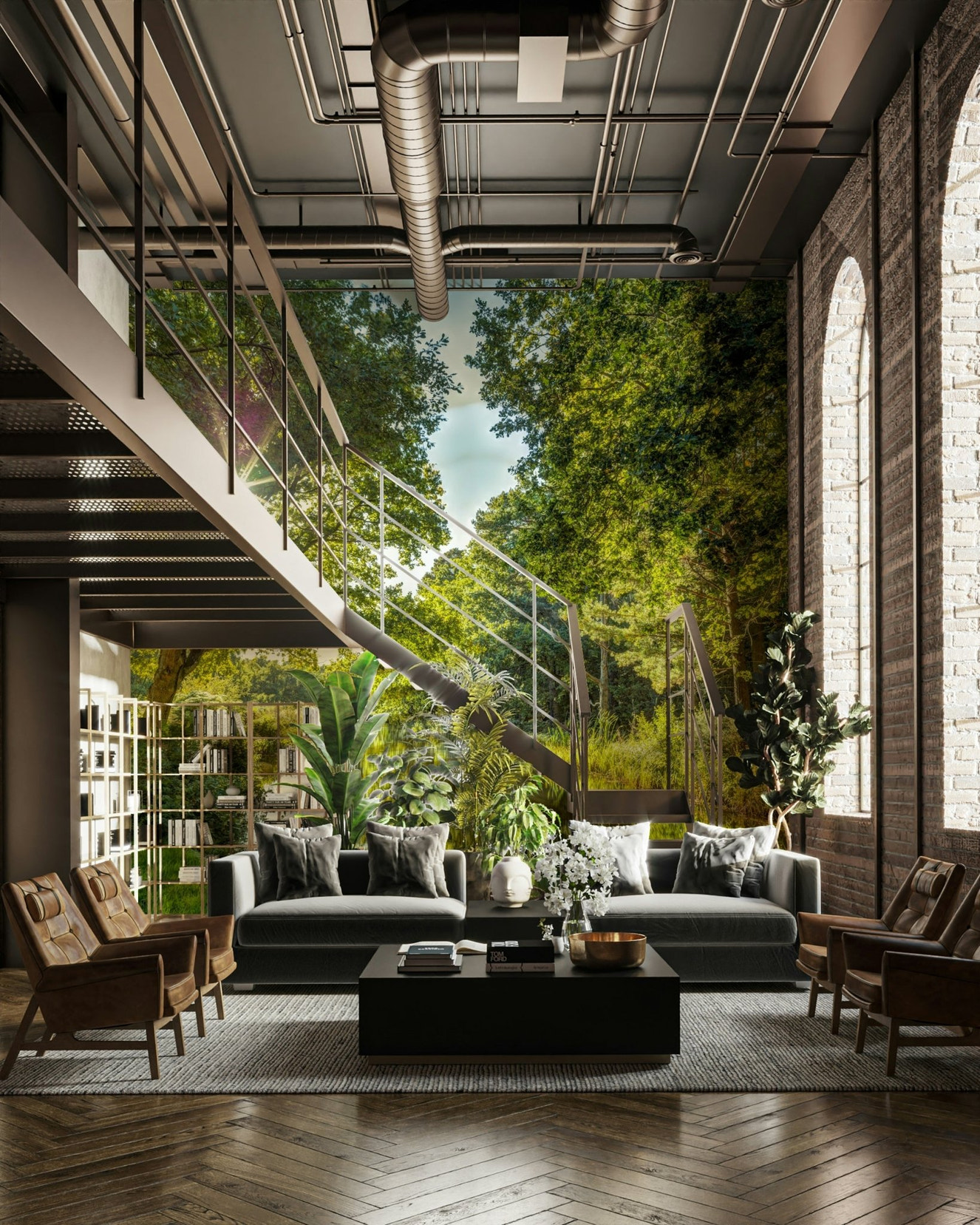 A wall mural featuring a close-up of green foliage.

