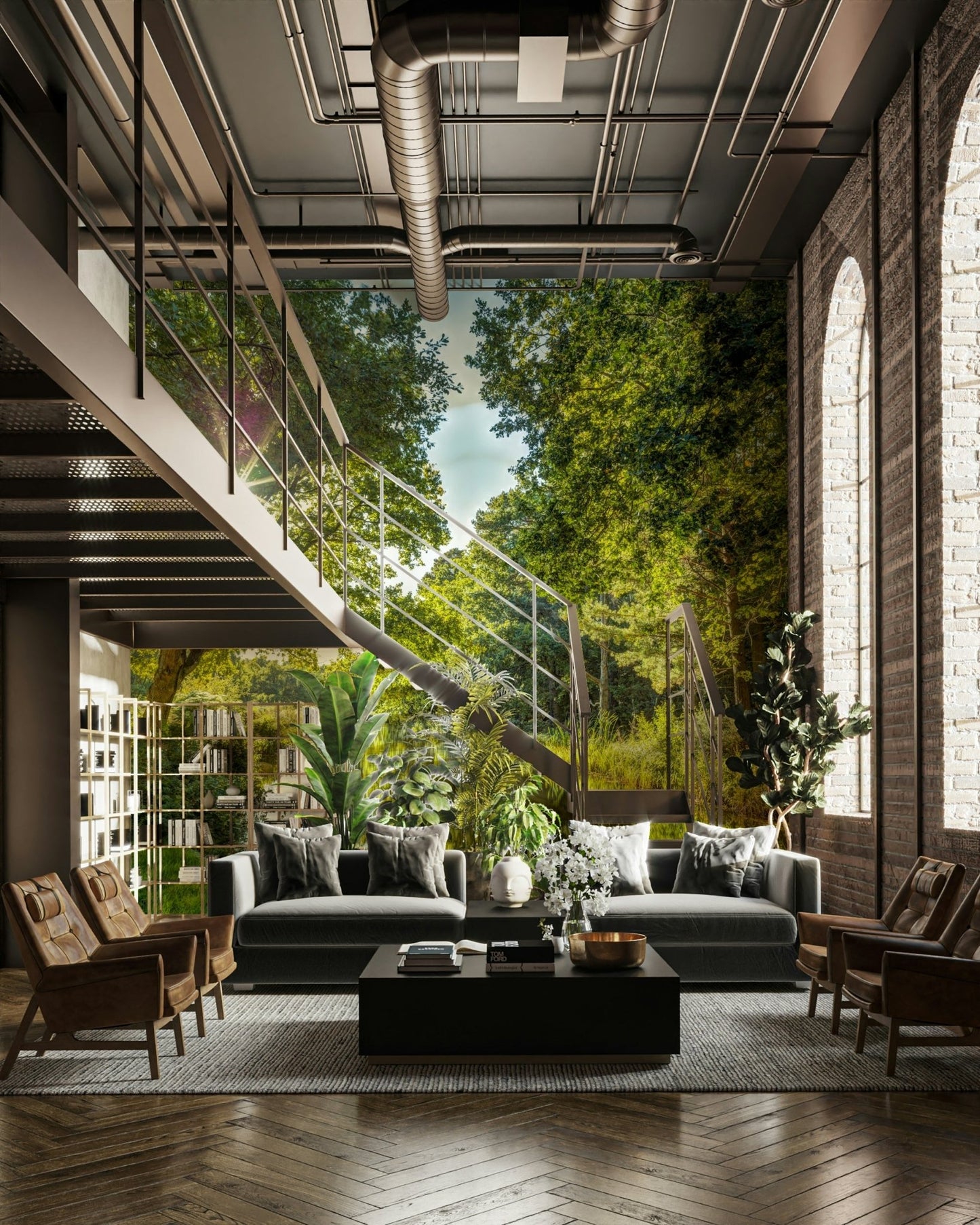 A wall mural featuring a close-up of green foliage.

