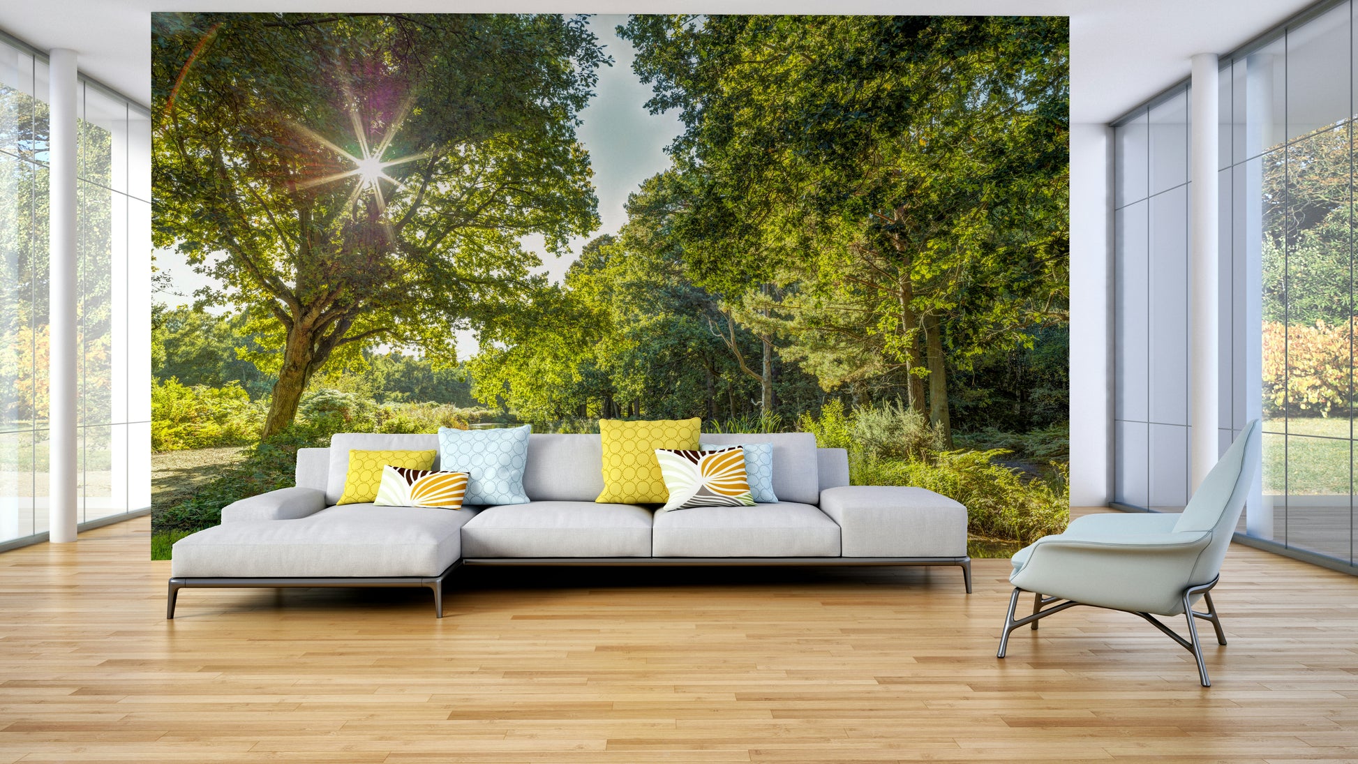 The mural gives a sense of being in a natural environment.

