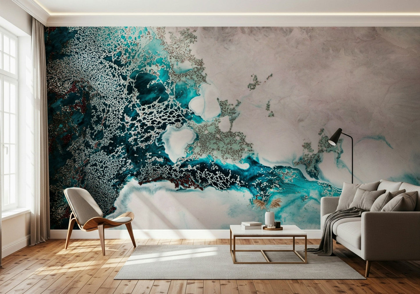 A graceful subtle pattern wall mural in cool, tranquil tones.