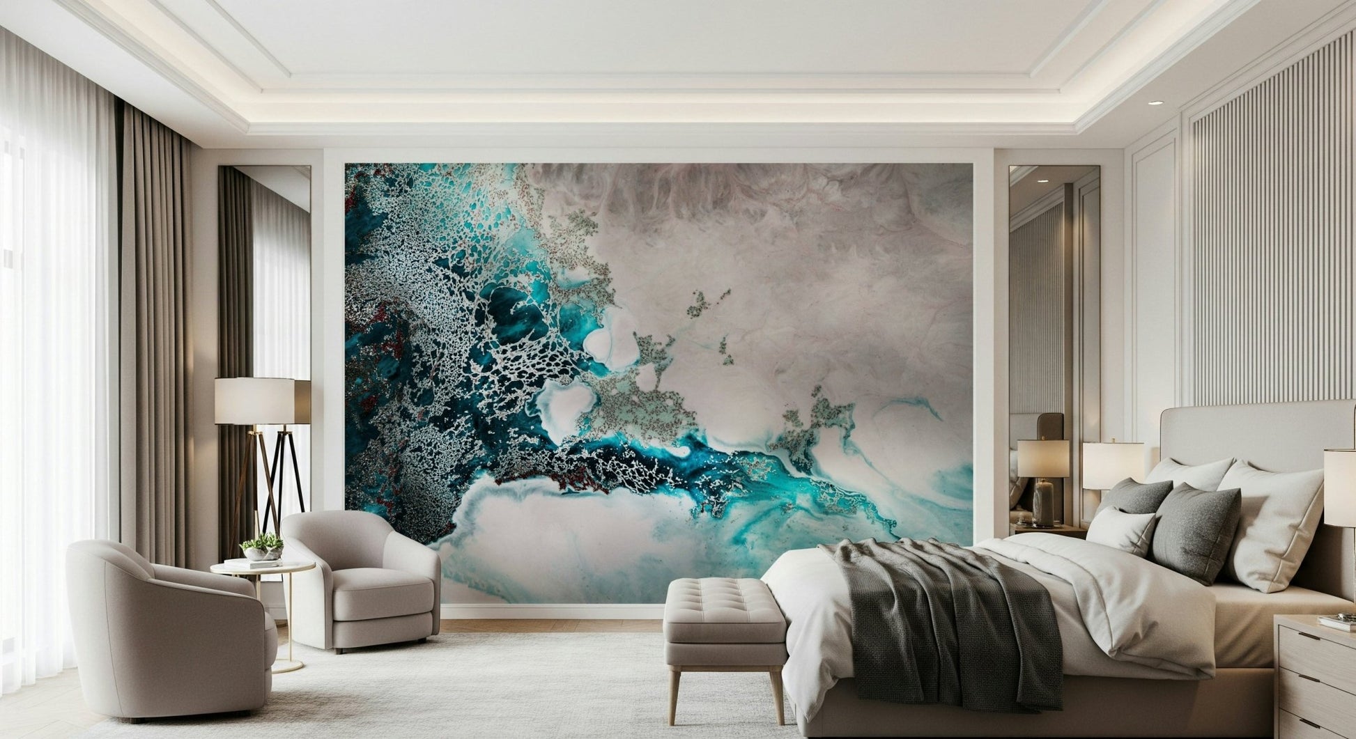 A beautiful modern art wall mural of delicate lines.