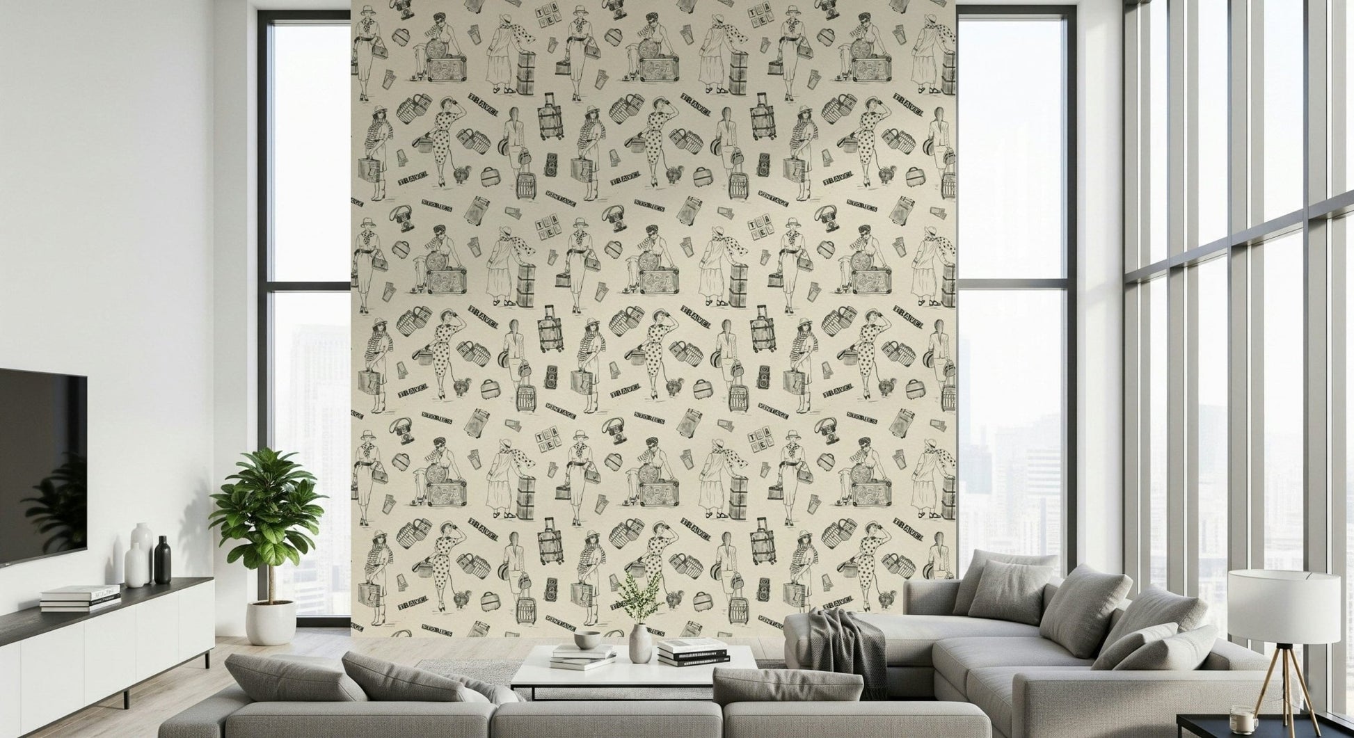 Beguiling Global Chic Sketch Wall Mural, vintage wayfaring design.
