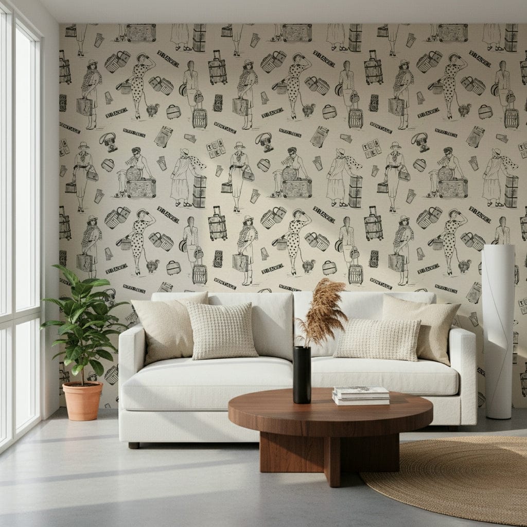 Whimsical Global Chic Travel Sketch Wallcovering with dapper ladies., GD6646
