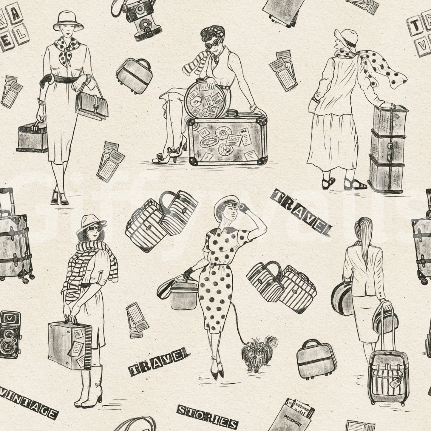 Travel Sketch Wallpaper Quirky vintage scene, satchels, unusual pattern.
