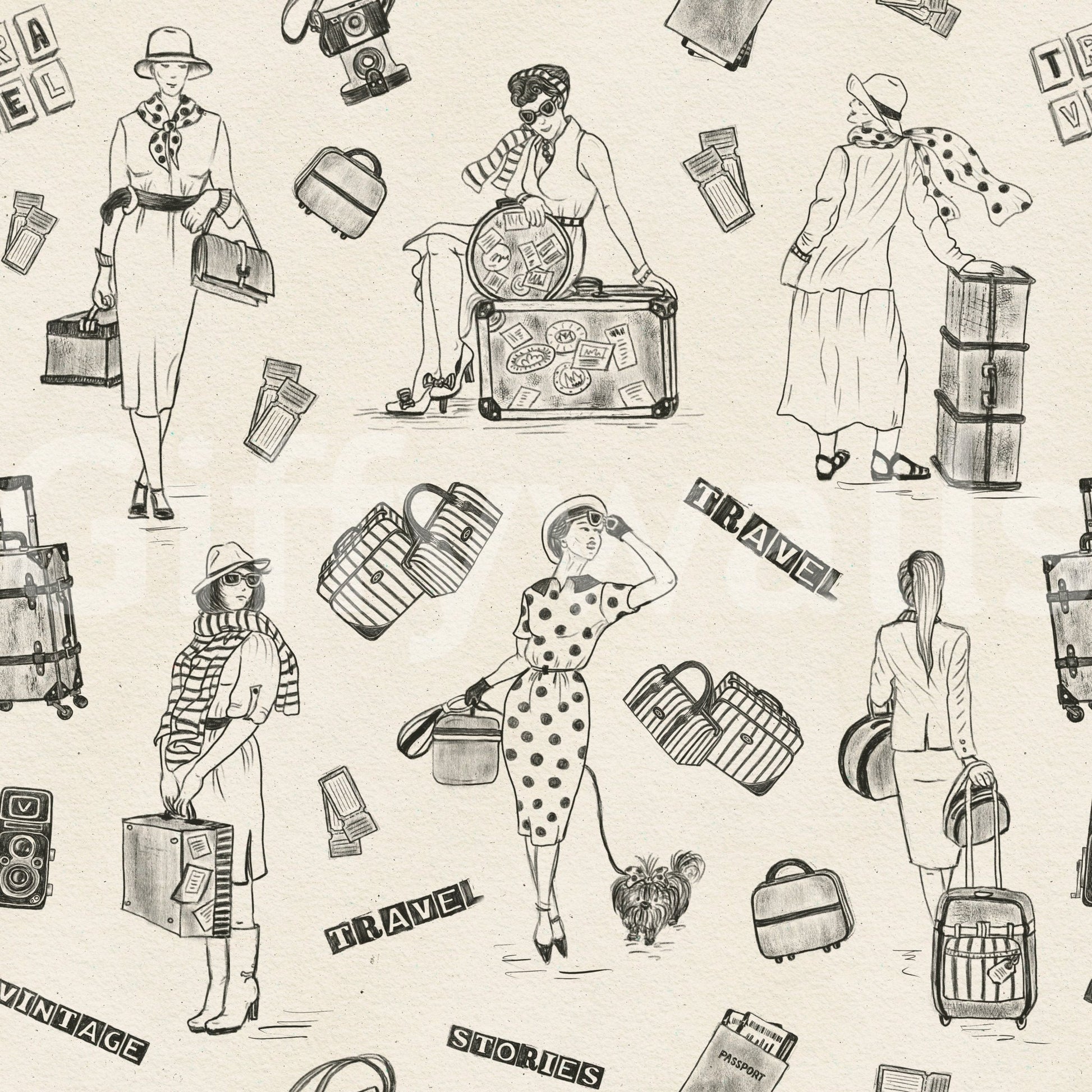 Travel Sketch Wallpaper Quirky vintage scene, satchels, unusual pattern.