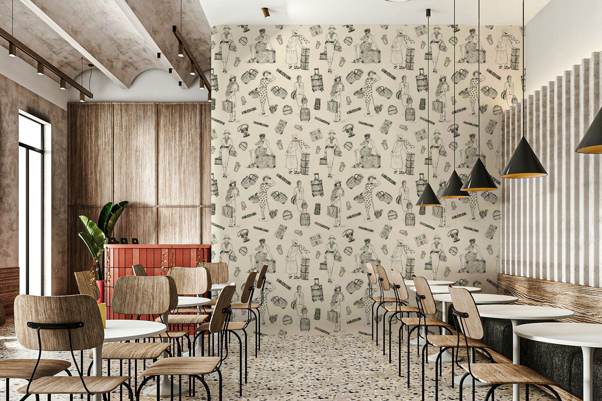 Travel Sketch Wallpaper Quirky vintage scene, satchels, unusual pattern.