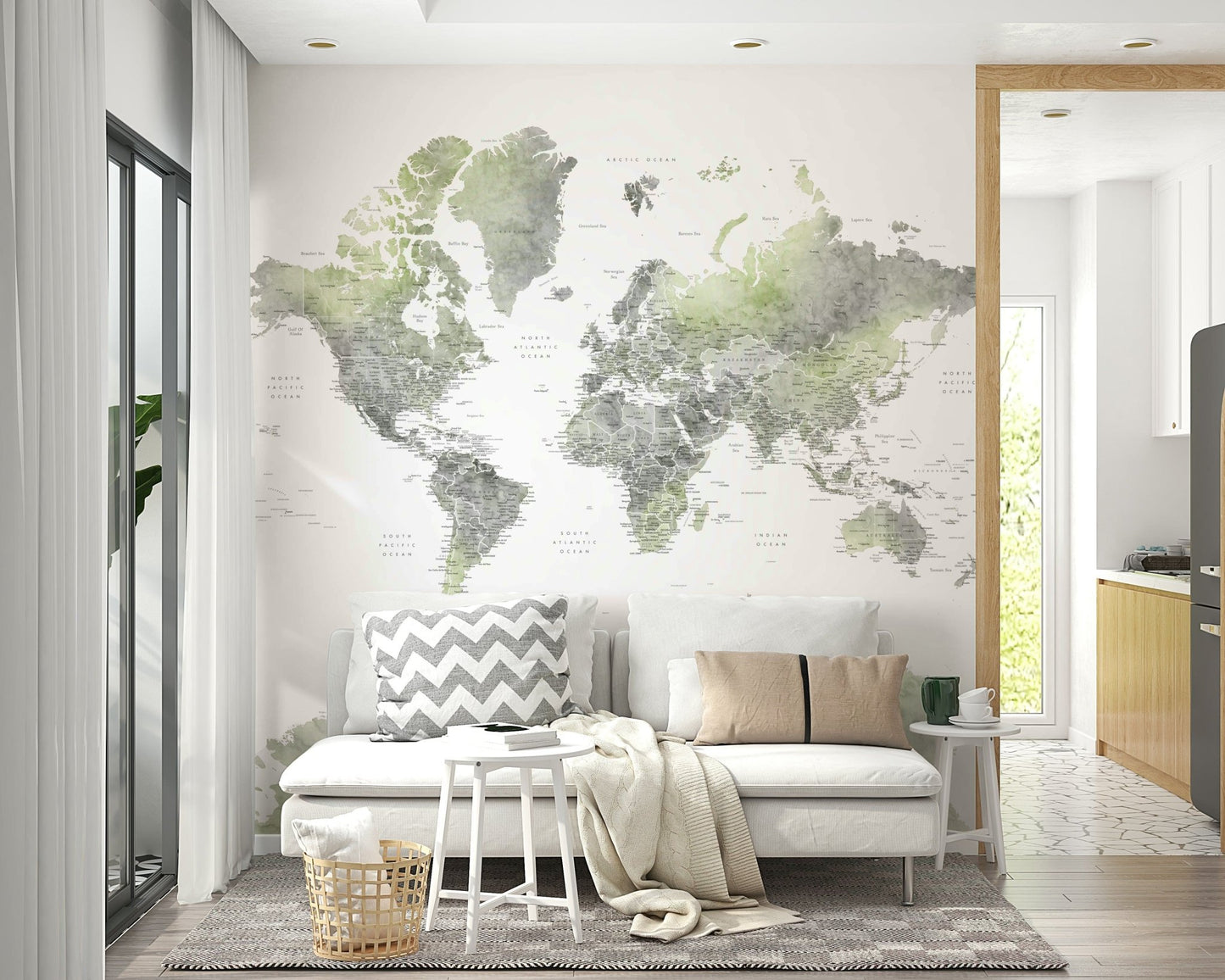 Watercolor green map wall covering

