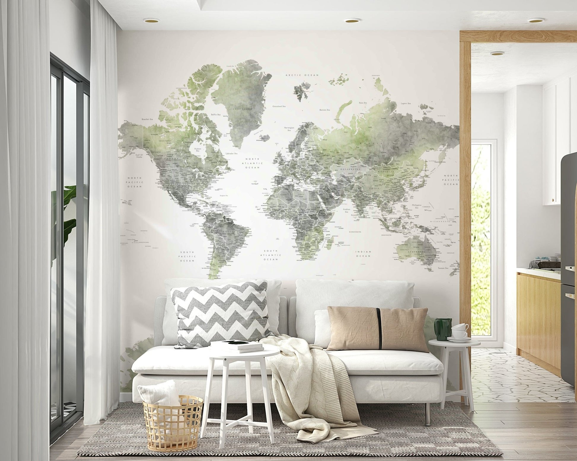Watercolor green map wall covering

