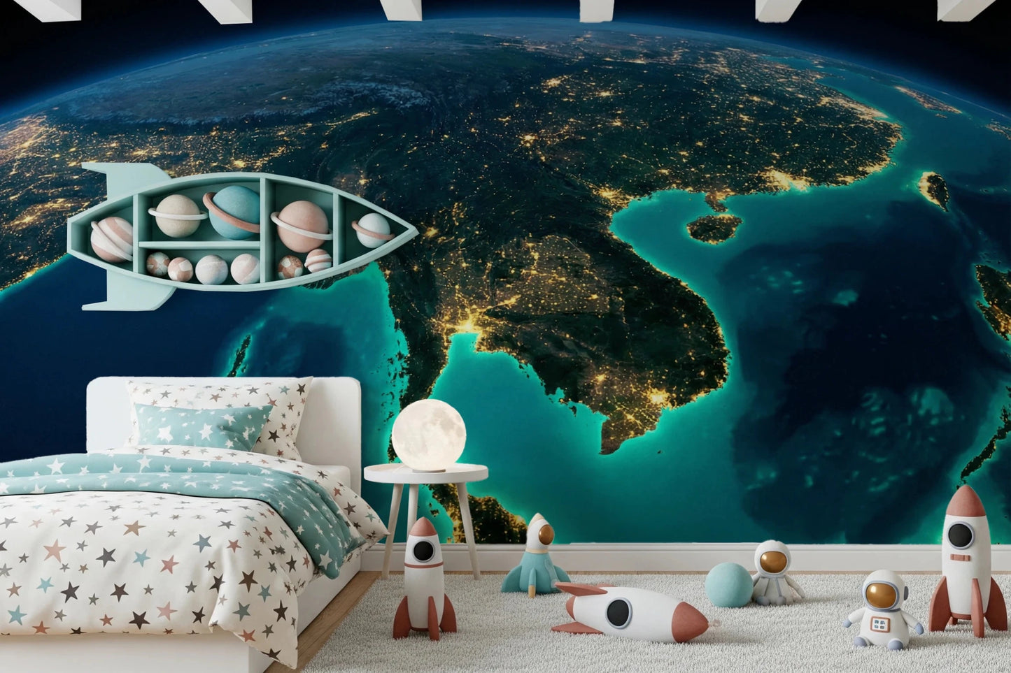 Luminous global city map wallpaper for an office wall mural.