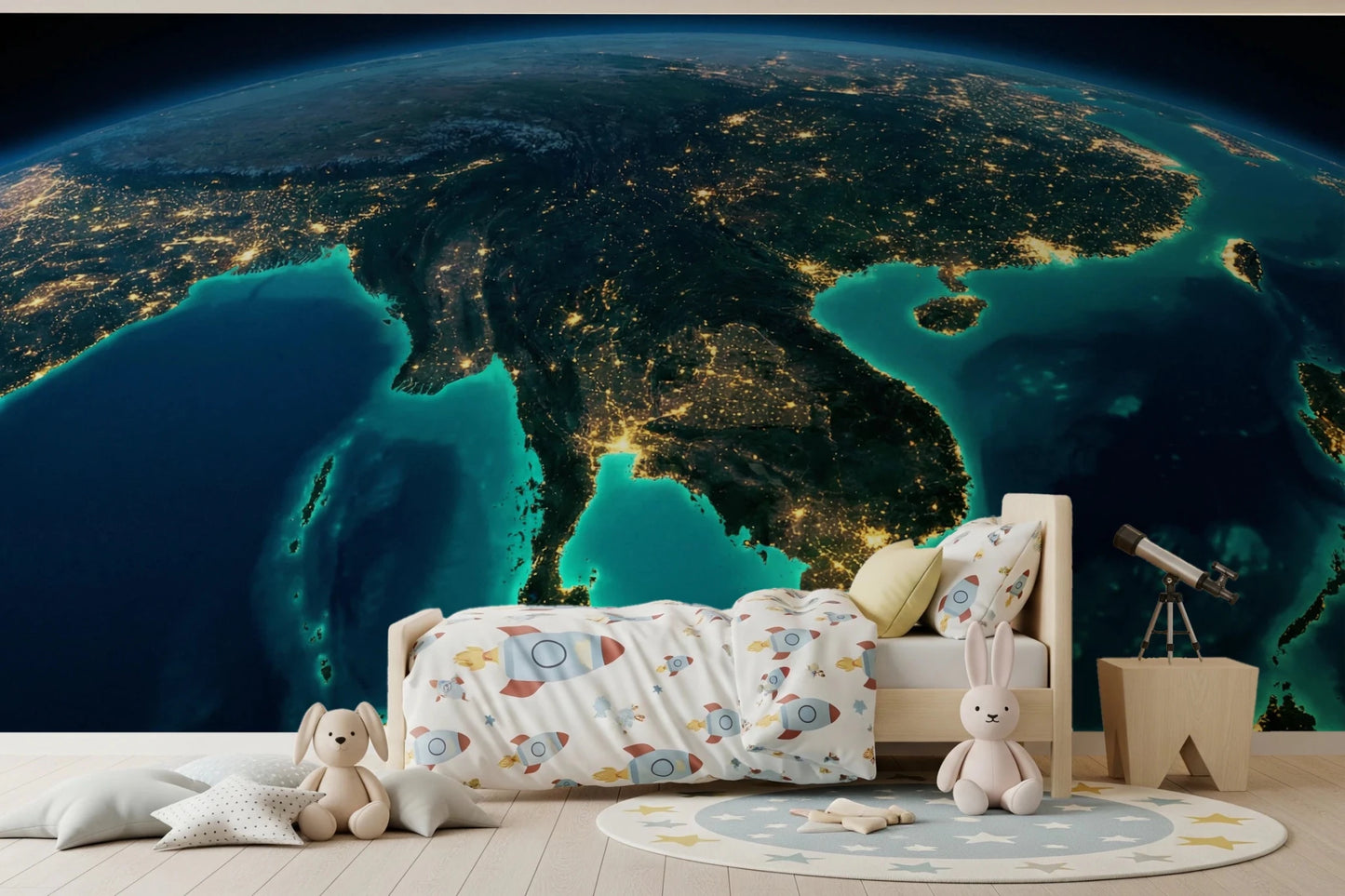 Satellite view of Earth at night wallpaper for a wall mural.