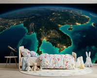 Nighttime world map wallpaper for a living room wall mural.