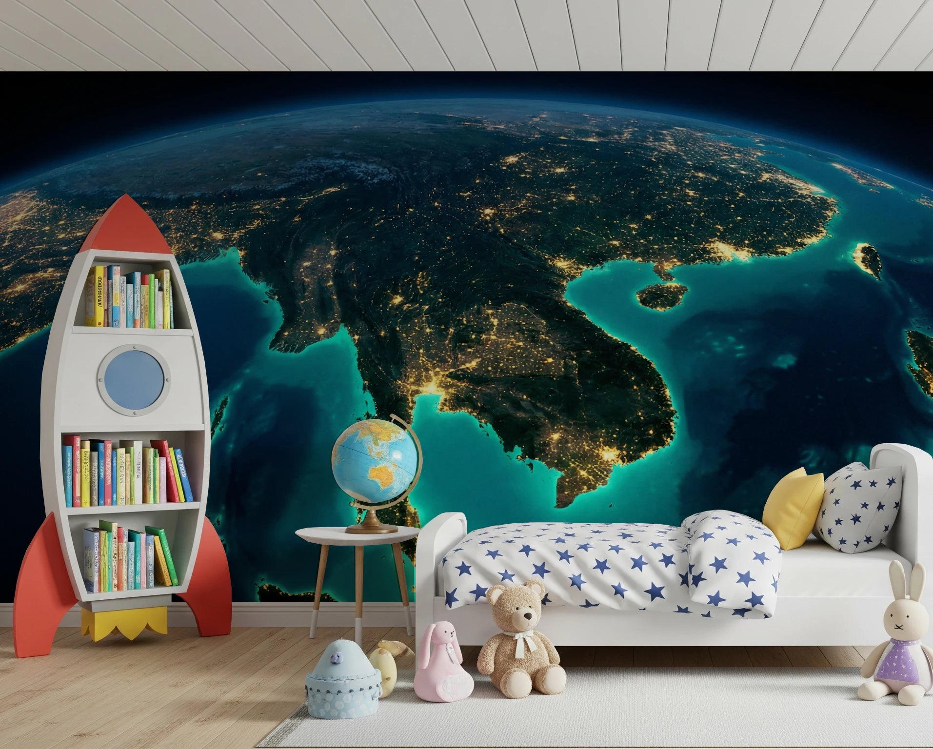 Deep blue ocean and golden land lights wallpaper wall mural.