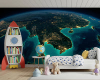 Deep blue ocean and golden land lights wallpaper wall mural.