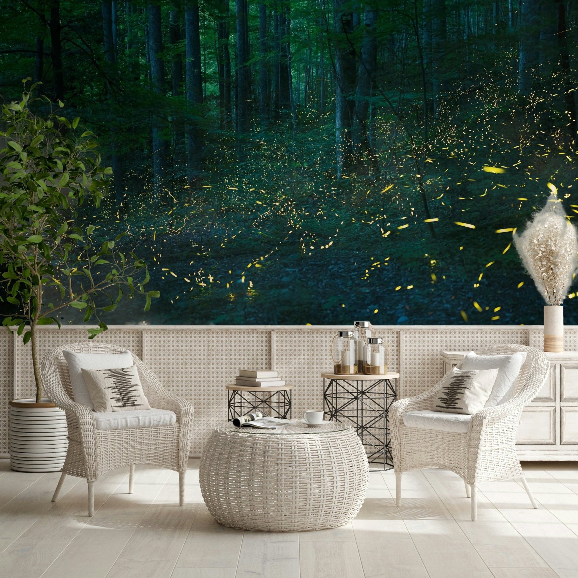 A serene mystical woods wall mural for fantasy decor.