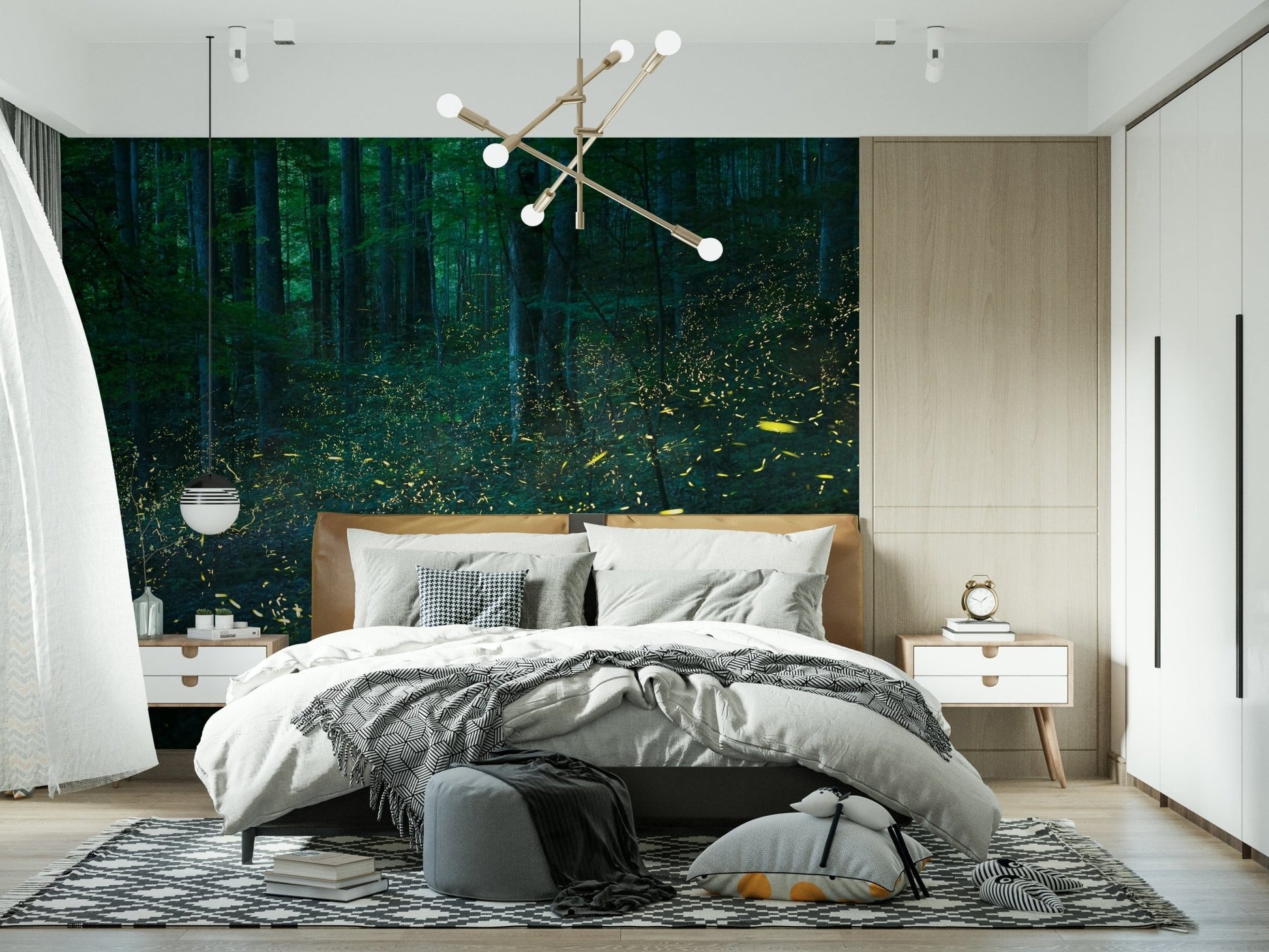 A peaceful woodland vista mural on decorative wallpaper.