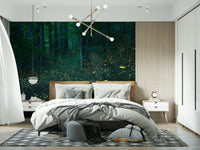 A peaceful woodland vista mural on decorative wallpaper.