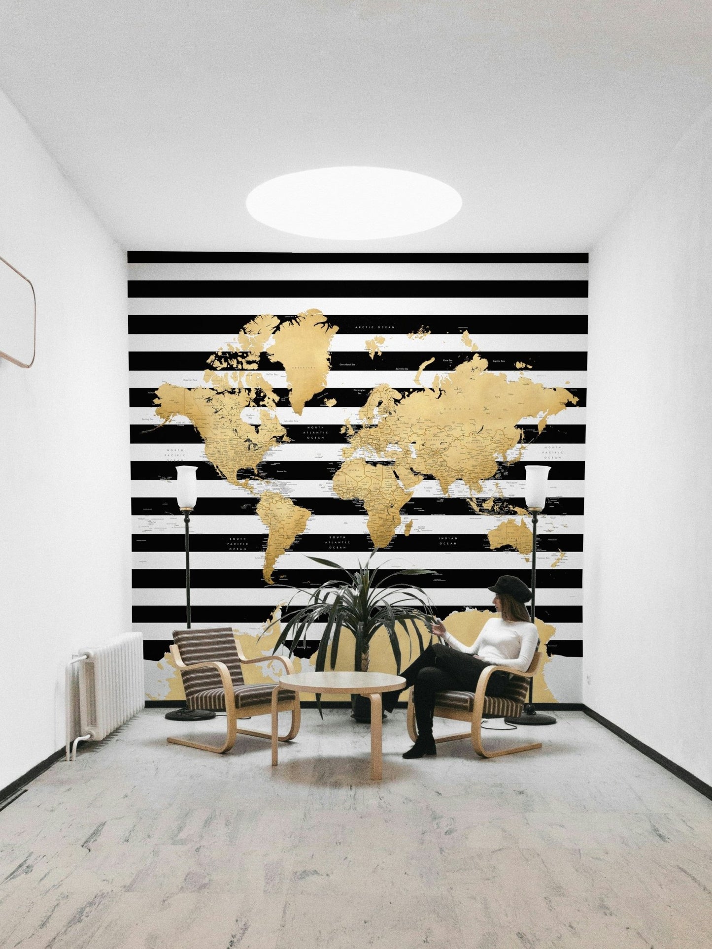 Black and gold watercolor map mural

