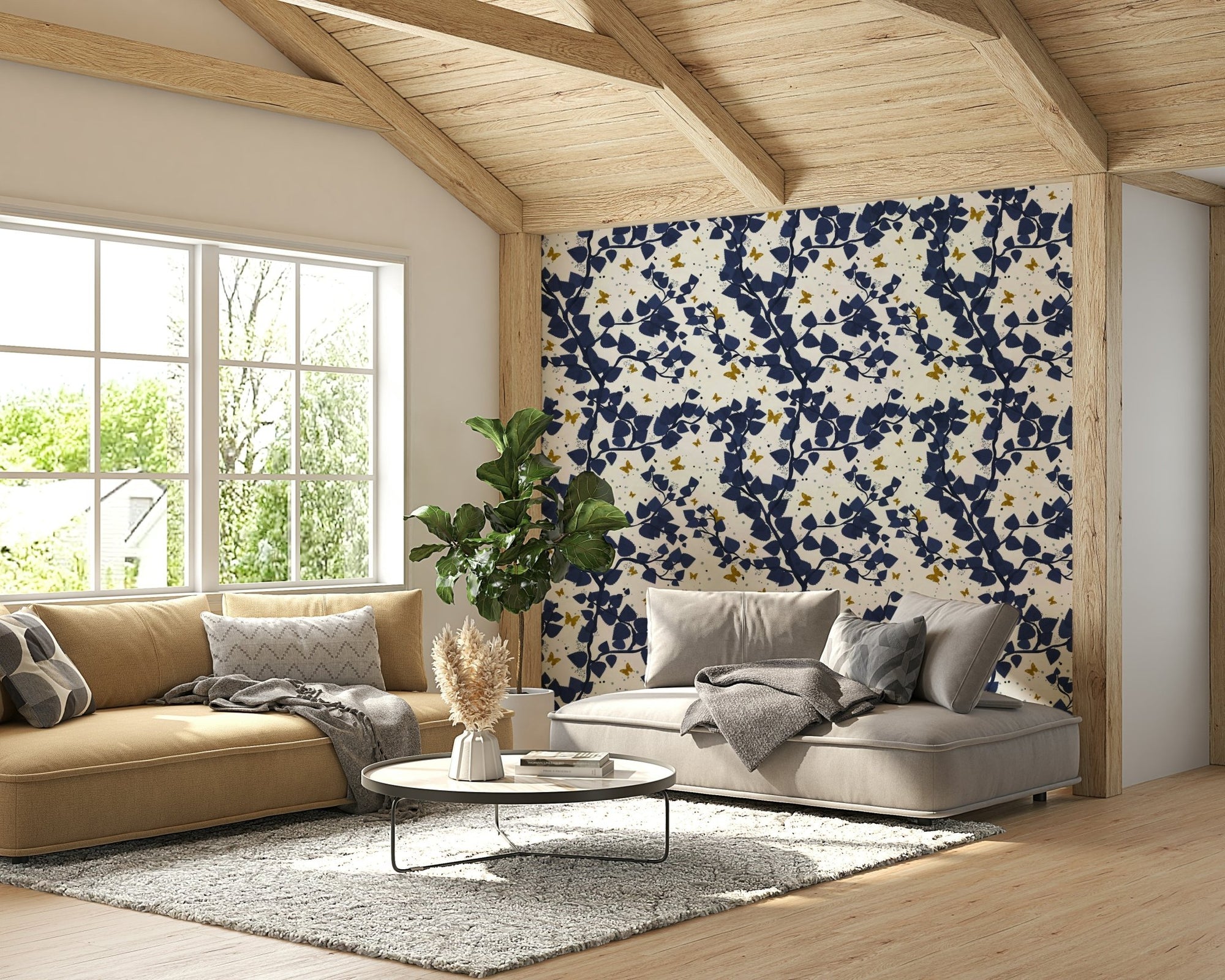 Gold and Deep Blue Butterflies Tree Wallpaper⁠ GD4000