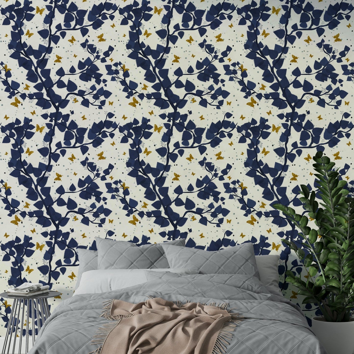 Gold and Deep Blue Butterflies Tree Wallpaper⁠