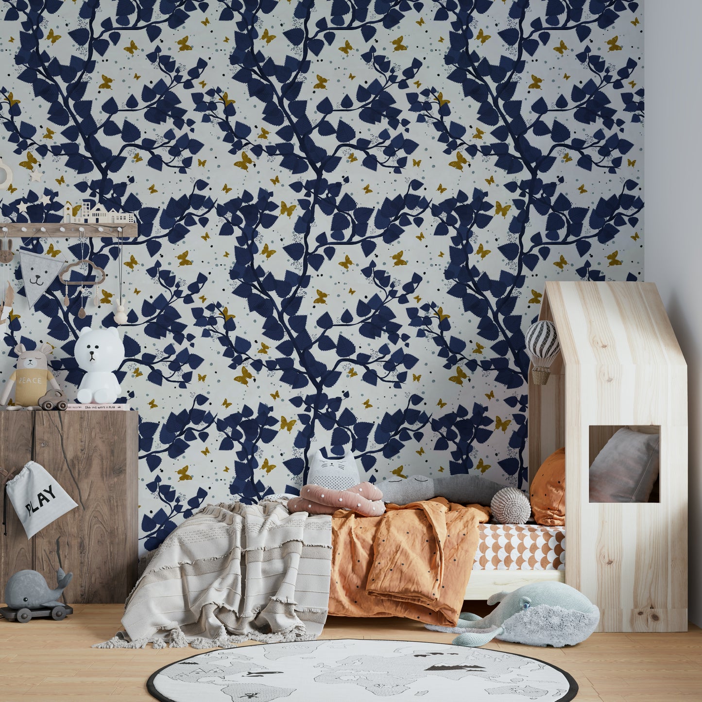 Gold and Deep Blue Butterflies Tree Wallpaper⁠