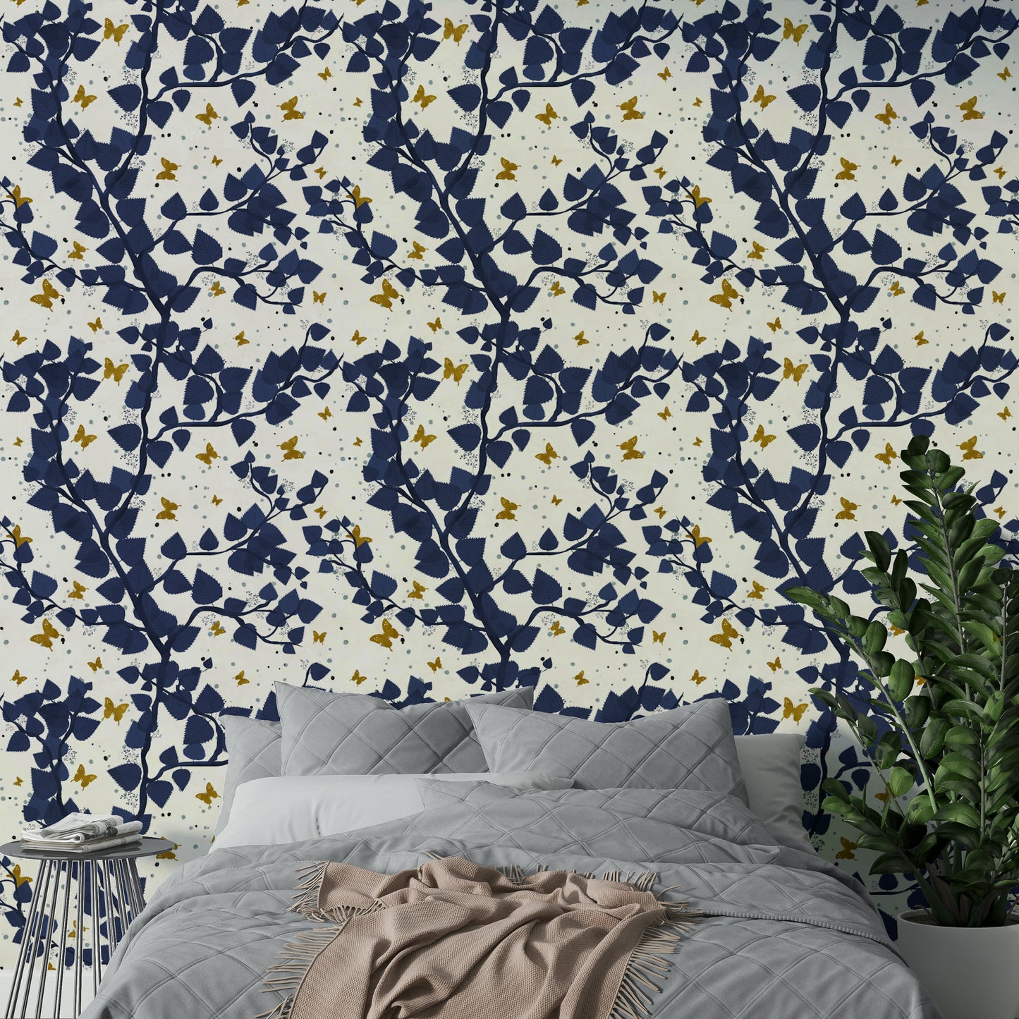 Gold and Deep Blue Butterflies Tree Wallpaper⁠