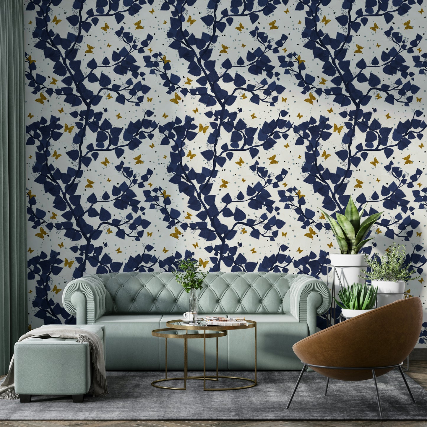 Gold and Deep Blue Butterflies Tree Wallpaper⁠