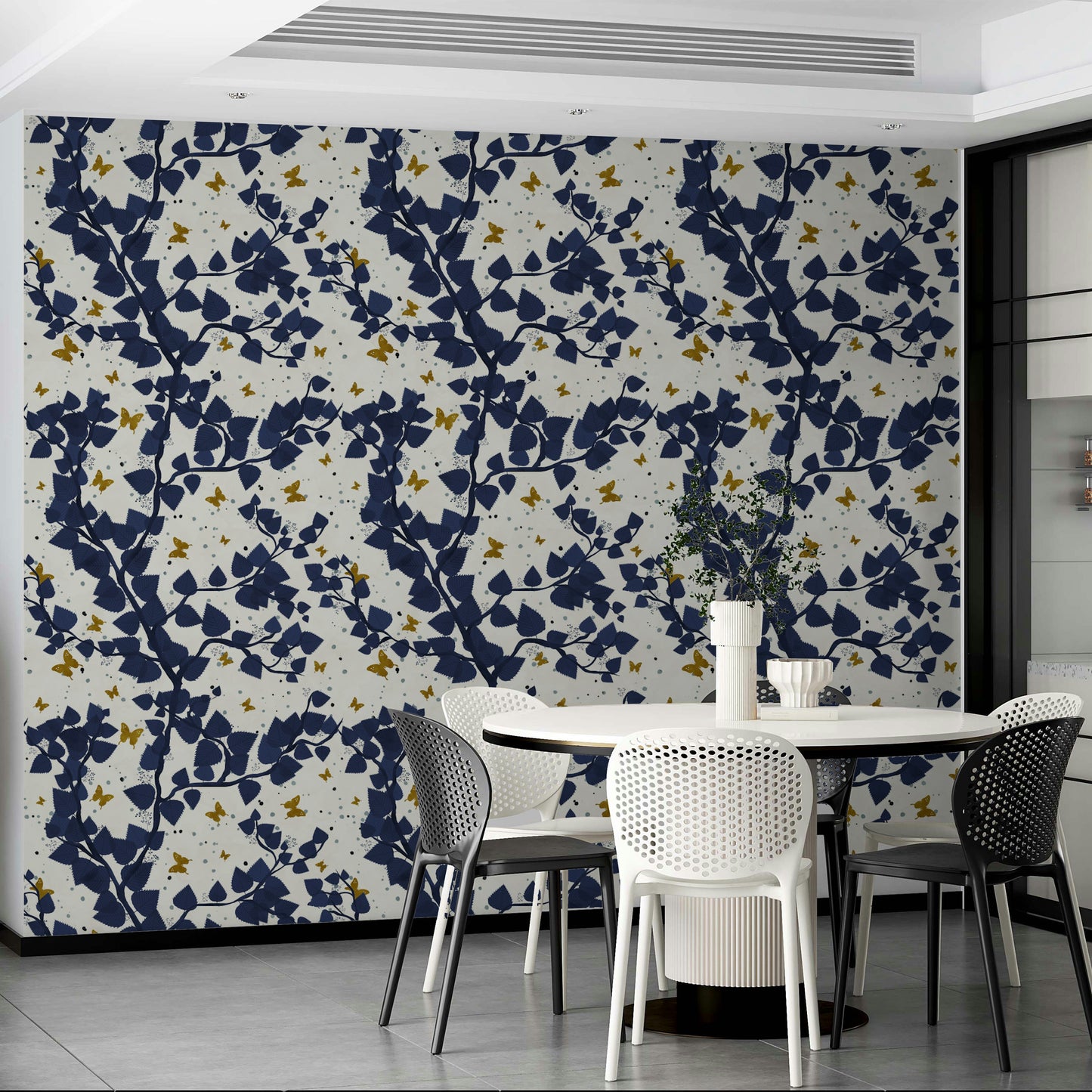 Gold and Deep Blue Butterflies Tree Wallpaper⁠