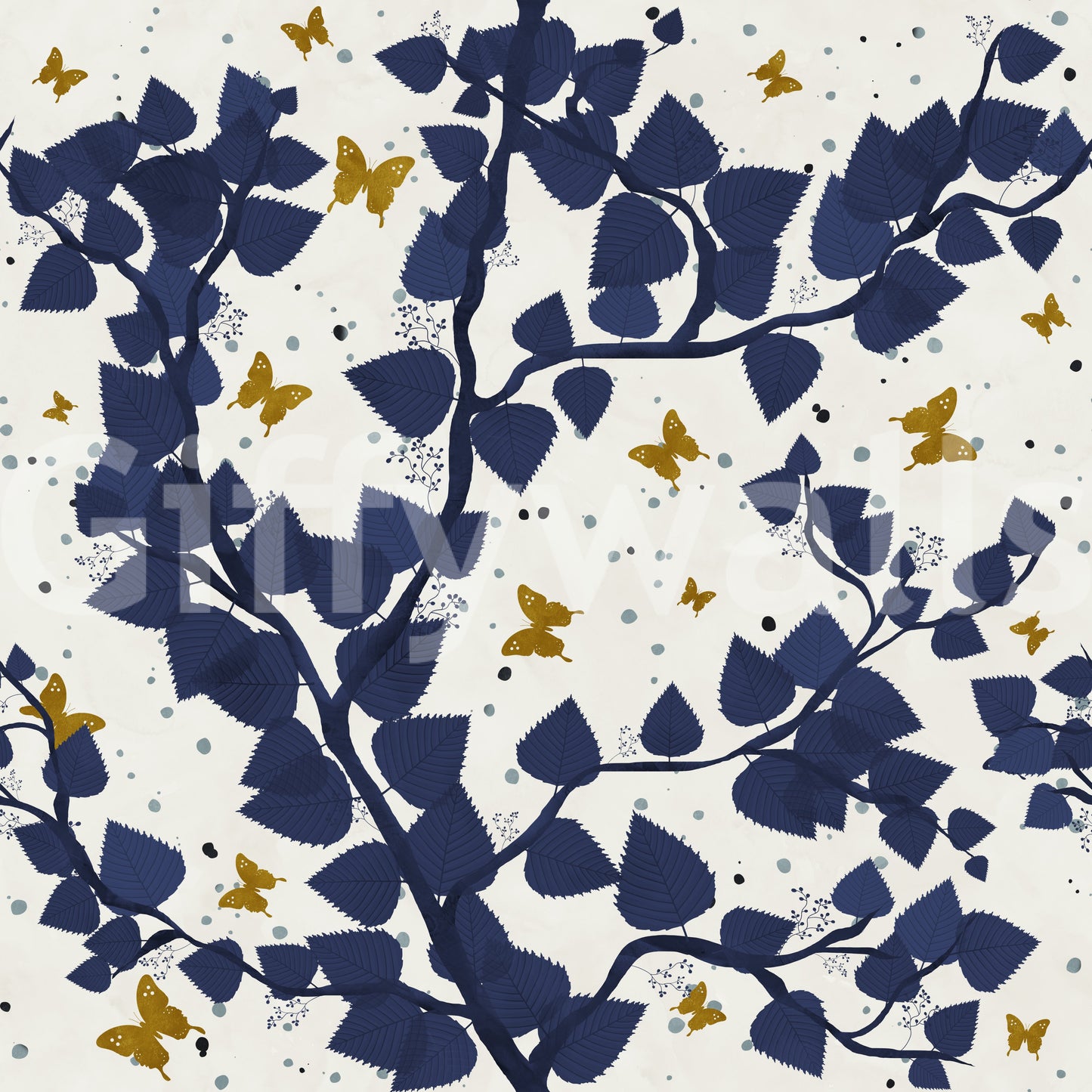 Gold and Deep Blue Butterflies Tree Wallpaper⁠
