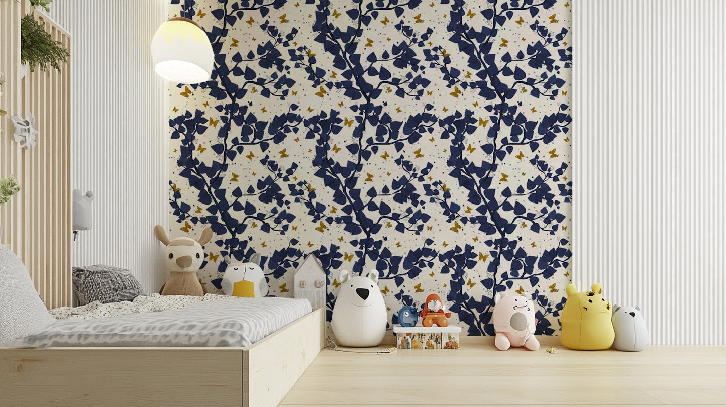 Gold and Deep Blue Butterflies Tree Wallpaper⁠
