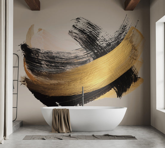 Luxurious gold and noir brushstroke wallpaper mural design., B313