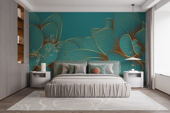 Elegant emerald lotus wallpaper with gold A220
