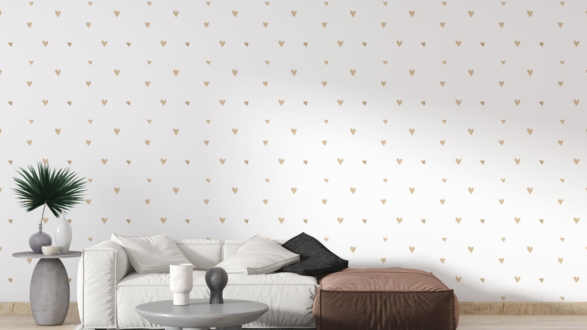Delicate beige wallpaper with gold hearts