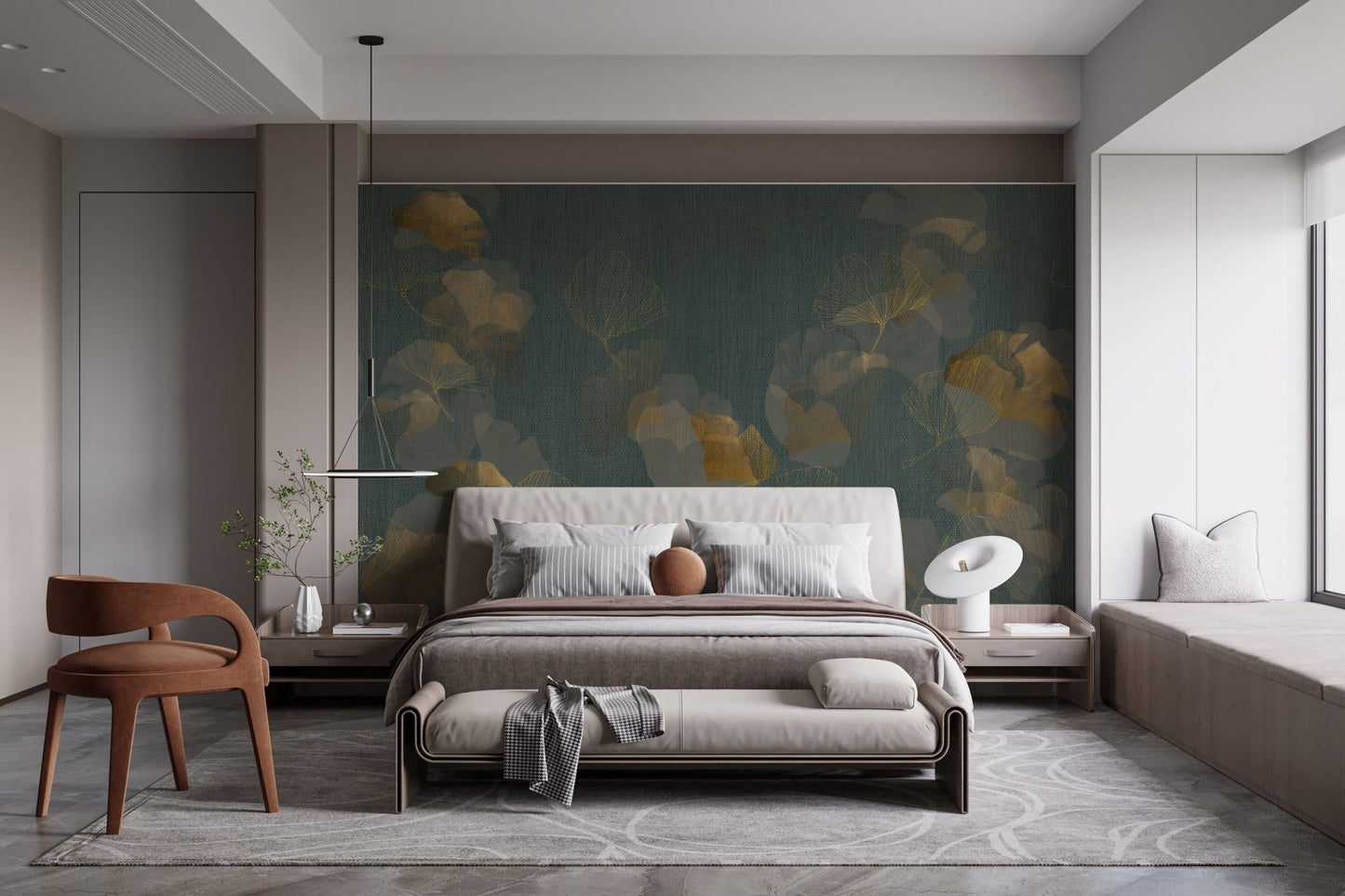 Artistic gold leaf wall mural in metallic tones
