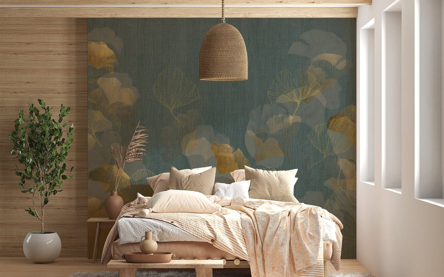 Subtle gold leaves mural for elegant wall decor
