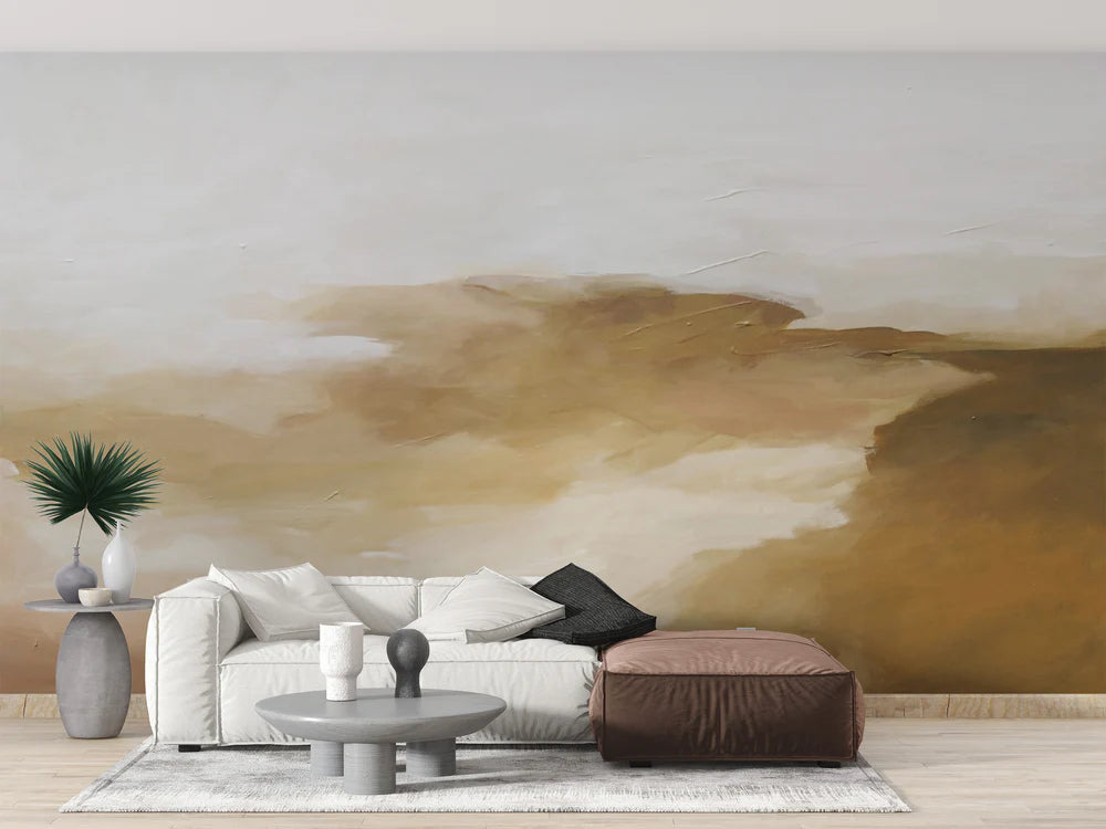 Modern living room with a large abstract wall mural.