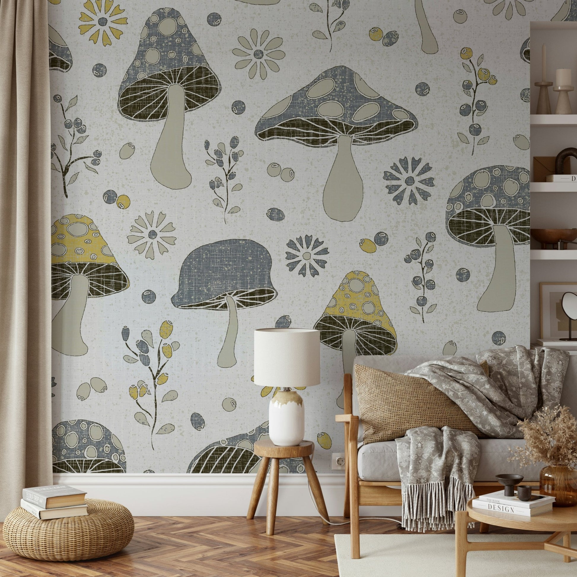 Scandinavian style mushroom wallpaper close-up

