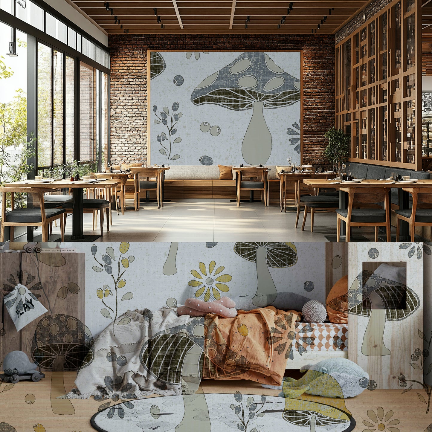 Whimsical mushroom and flower wallpaper design

